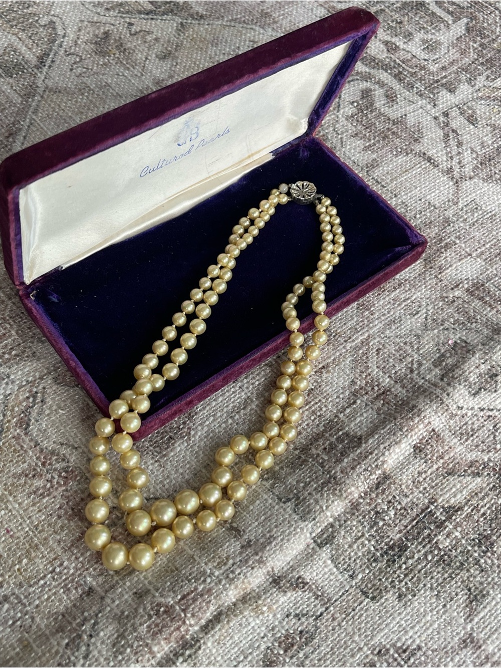 Vintage Faux Pearl Gold-Tone Double Strand Necklace With Sterling Silver Clasp